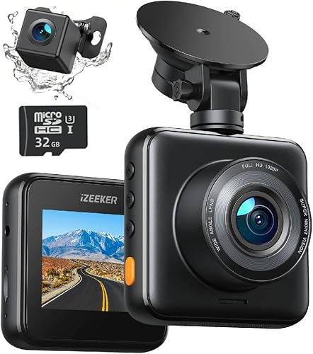 iZEEKER Cámara de tablero frontal y trasera con tarjeta SD 1080P Full HD Cámara de coche, cámara de tablero doble para automóviles con grabación de
