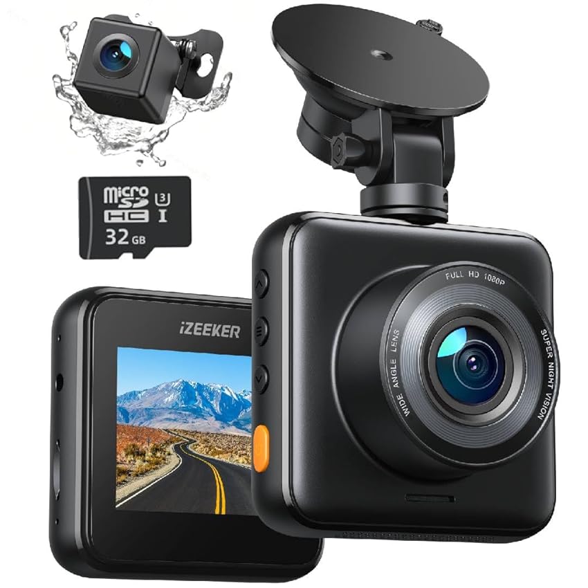 Immagine del prodotto iZEEKER Dash Cam anteriore e posteriore con scheda SD 1080P Full HD Videocamera per auto da cruscotto, doppia dash cam per auto grandangolare 170°, sensore G, visione notturna, WDR