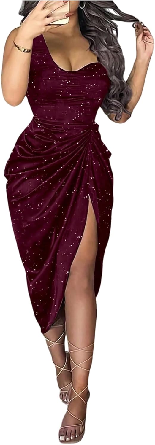 OYOANGLE Women's Glitter Ruched Sleeveless Bodycon Midi Dress Asymmetrical Neck Cocktail Party Dresses