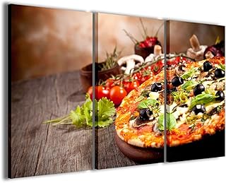 Stampe su Tela Quadro, Pizza II Tela Moderna in 3 Pannelli già intelaiati, Canvas, Pronto per Essere Appeso, 90x60cm