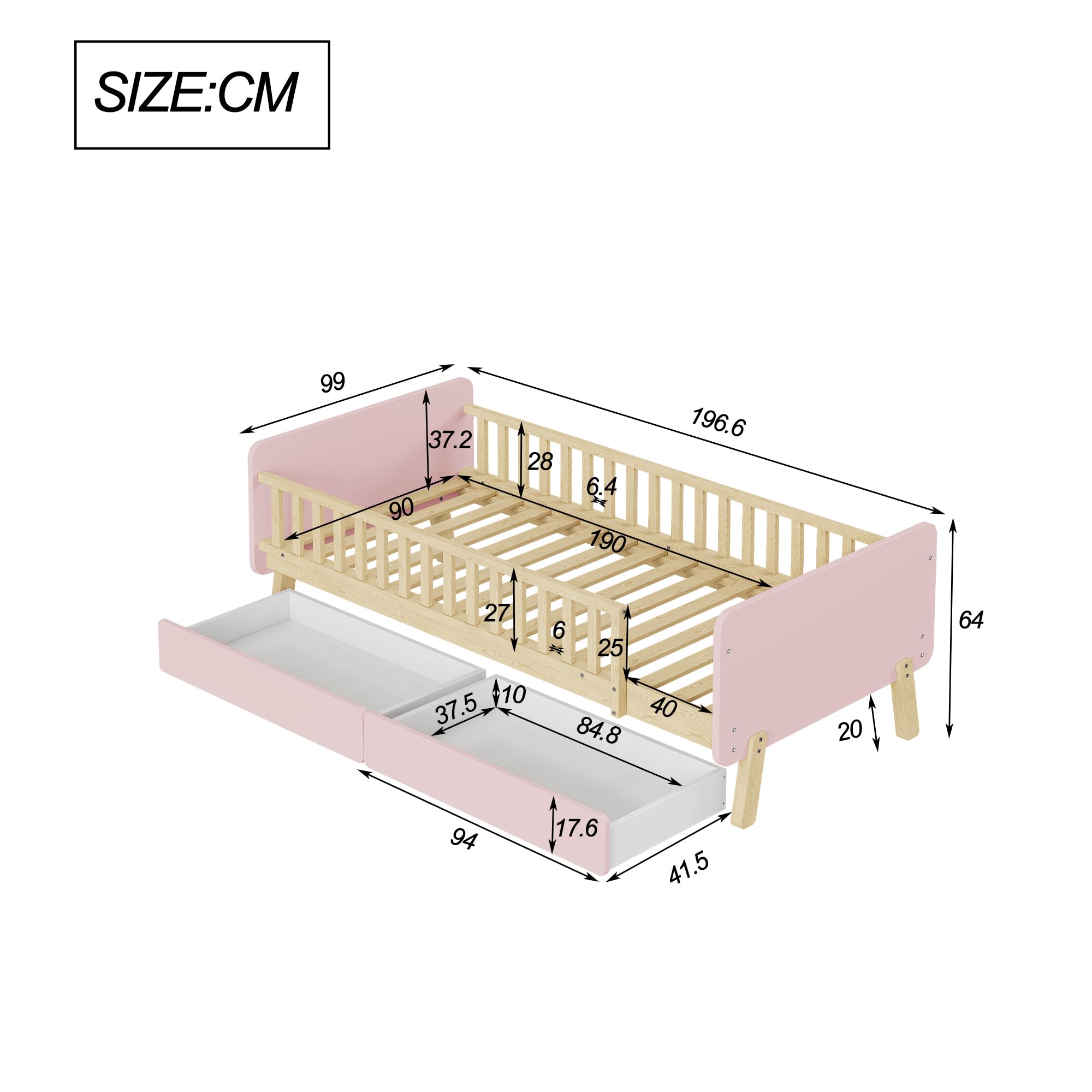 TIZZ Lettino per bambini 90 x 190 cm, con 2 cassetti, letto singolo in legno massello con rete a doghe, rosa