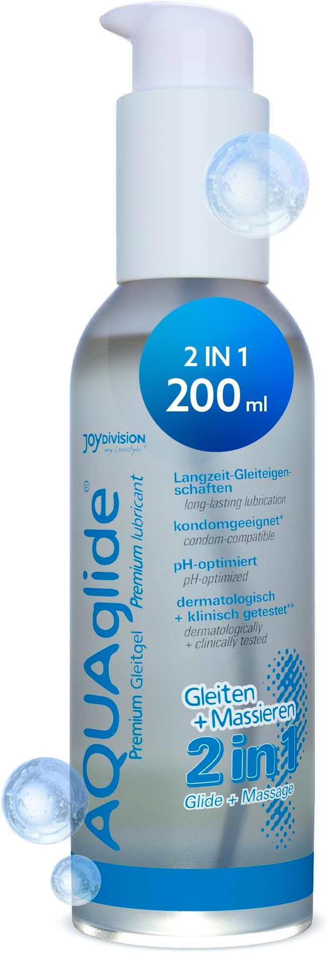Joydivision AQUAglide 2-in-1, 200ml, Water-Based Massage & Lubricant Gel, Transparent and odorless, Oil-Free & Compatible with Latex Condoms