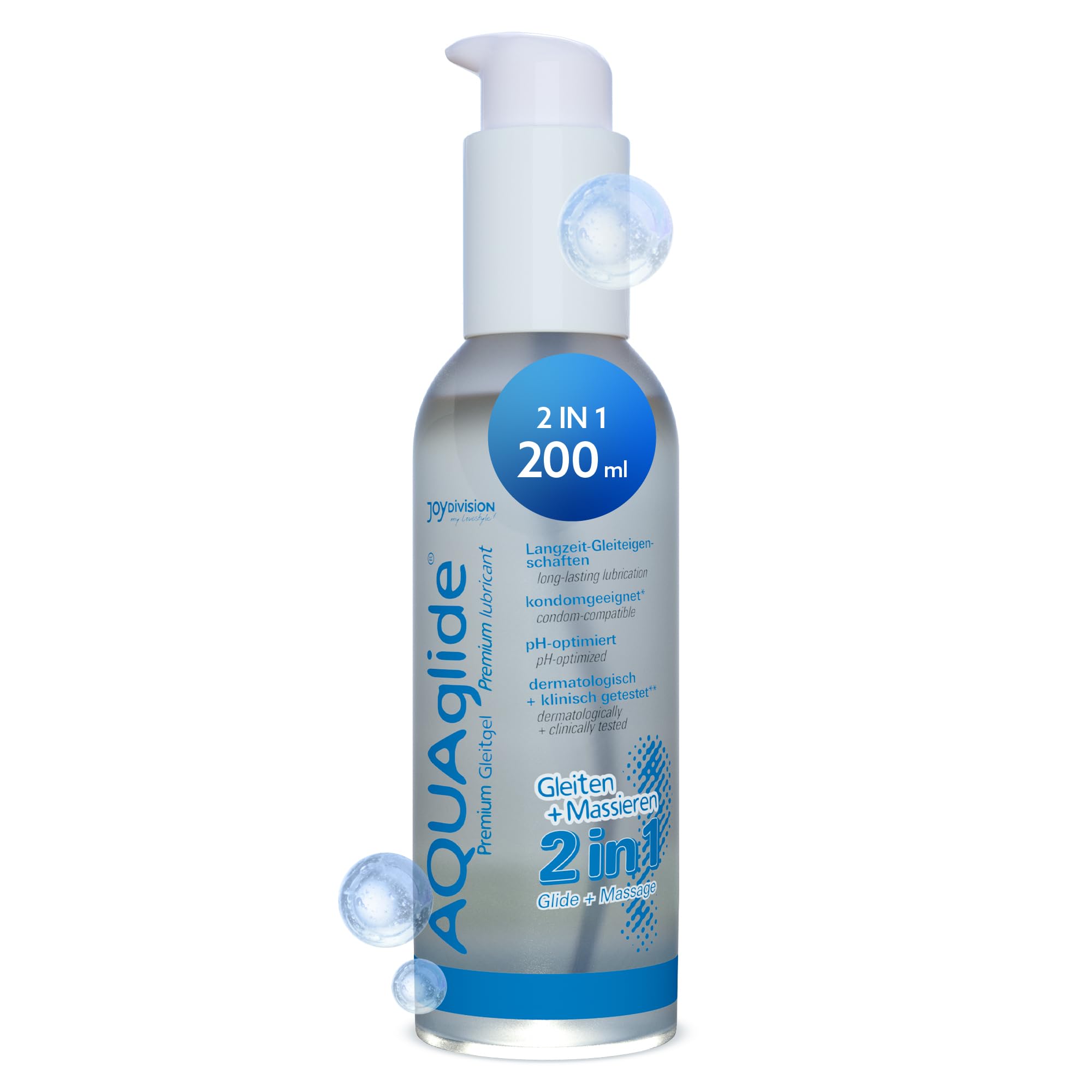 Joydivision AQUAglide 2-in-1, 200ml, Water-Based Massage & Lubricant Gel, Transparent and odorless, Oil-Free & Compatible with Latex Condoms