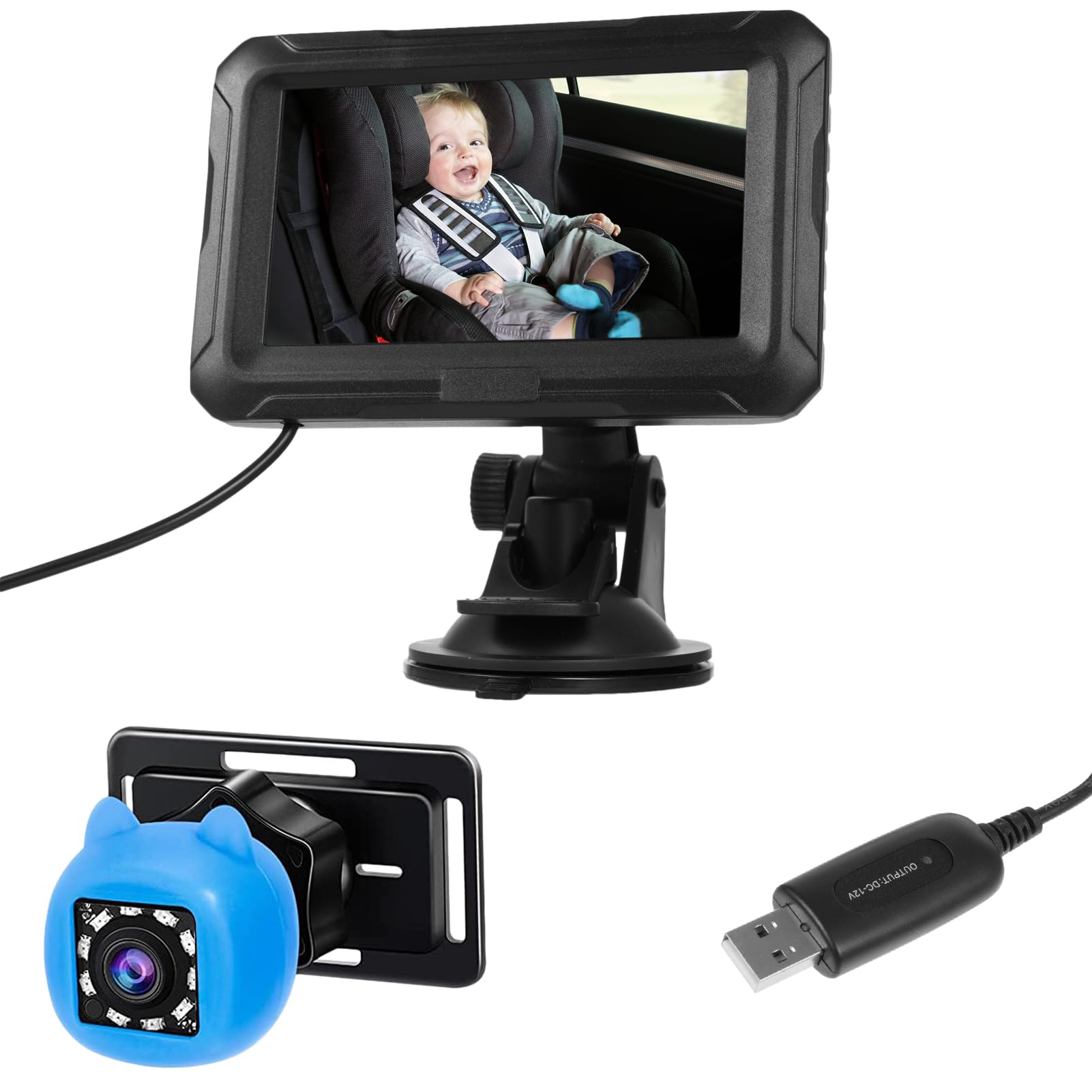 Cámara para Coche de Bebé HD 1080P, Espejo de Coche para Bebé HD de 4,3"con Cámara, Monitor de Enchufe USB con Visión Nocturna y Rotación de 360, Monitor Frontal para, Niños, Mascotas