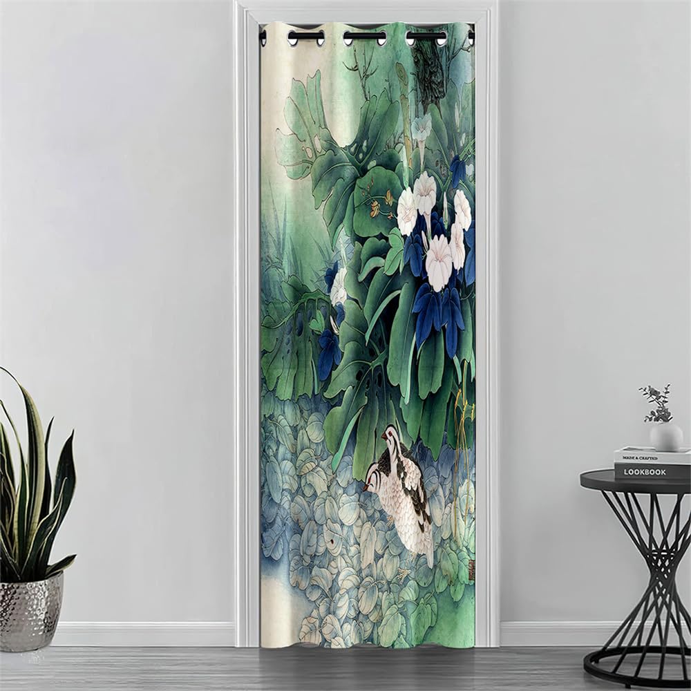 Odot Door Curtain with Eyelet Blackout Thermal Single Curtain 3D Chinese Style Flowers Birds Print Partition Curtain for Closet Window Bedroom Home Decorative, 1 PANEL (70.8x.78.7",Green Leaves)