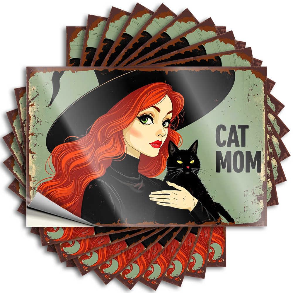 Funny Sticker Western Bathroom Accessories Bumper Whimsical Witch with Black Cat: 'cat Mom' Poster - No Residue Decals for Exterior(8X12CM)