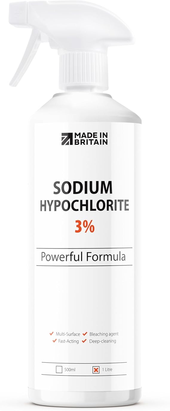 ChemLab - Sodium Hypochlorite 3% Solution 1 Litre - Powerful Mould & Mildew Remover - Removes Bacteria & Eliminates Black Spots - For Walls, Tiles, Bathrooms, Kitchens, Sinks, Showers & Grout