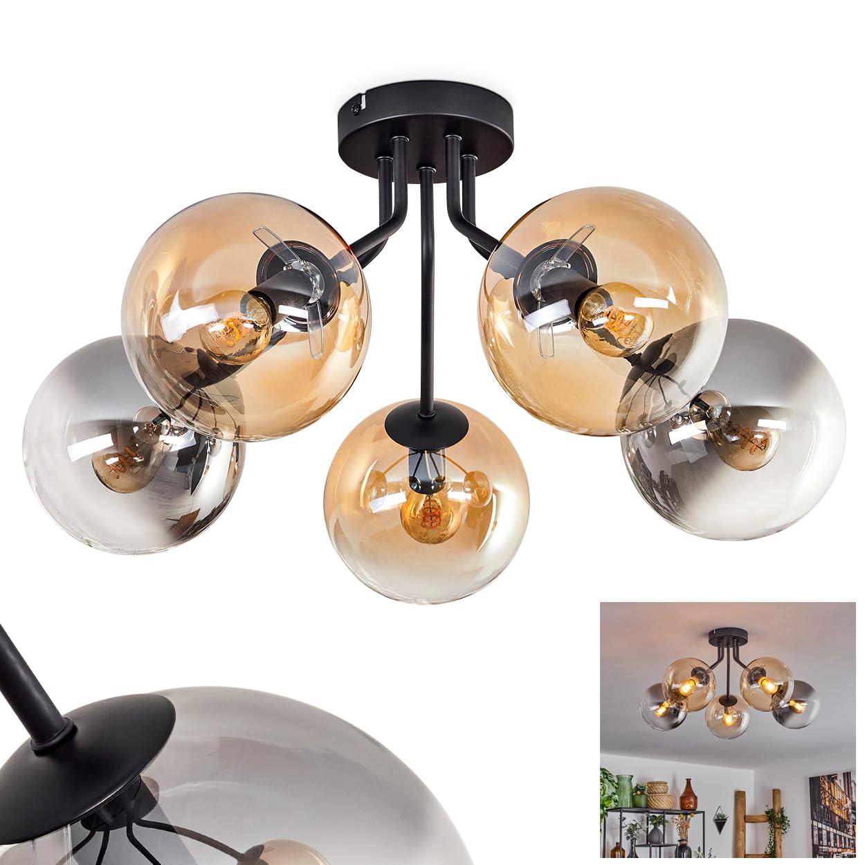 Gastor Ceiling Light, Ceiling lamp Made of Metal/Glass in Black/Amber Colour/Clear/Smoke Colour/Clear, Retro/Vintage Design luminaire with Glass Shades (Ø 15 cm), 5 x E27, Without Bulbs