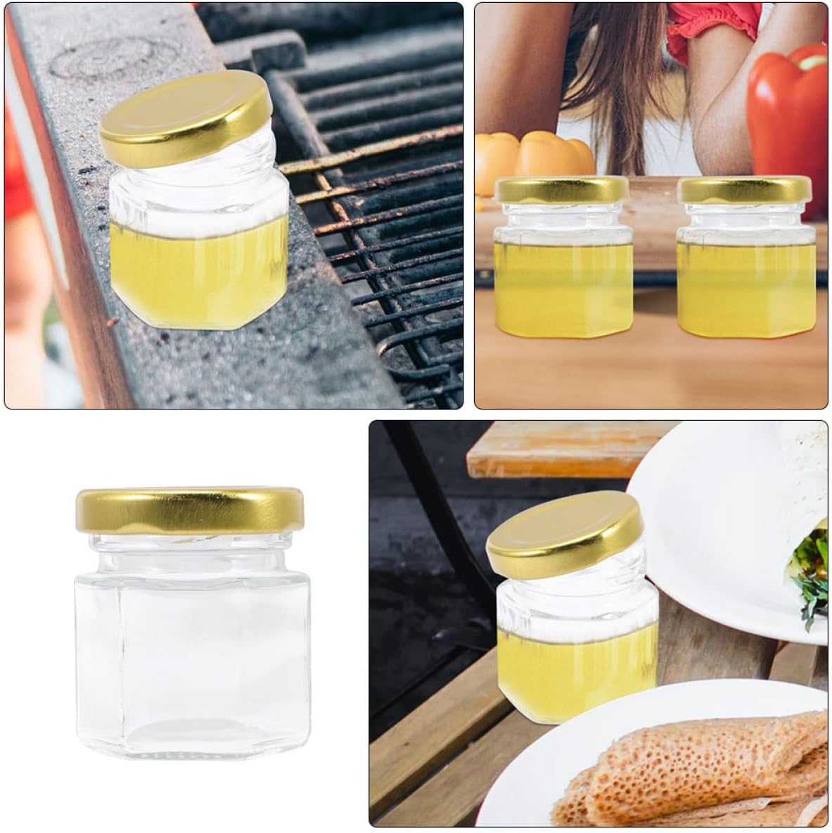 24pcs 45ml Small Glass Honey Jars Hexagon Shape Sealing Jam Containers with Metal Lids Kitchen Storage Bottles for Jam and Fruit Preserves