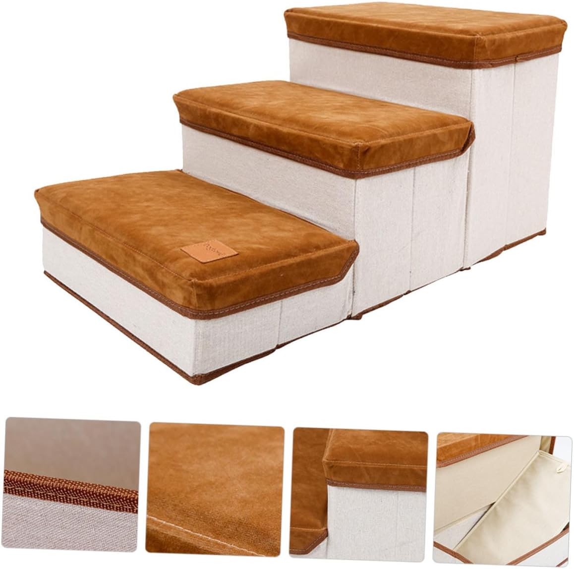 Foldable Three-Step Pet Stair Ladder for Puppies and Small Dogs, Brown Portable Dog Stairs Non-Slip Design for Indoor Use and Bed Access