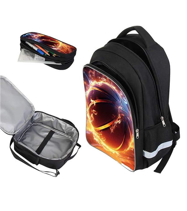 AnySmic Basketball Bookbag Set for Boys Girls, 3in1 School Kids Backpack with Lunch Box Pencil Case, 3Pcs Combo, Polyester, Ipad Compartment, Idea for Students Aged 6+ by AnySmic - Used condition - Image 2