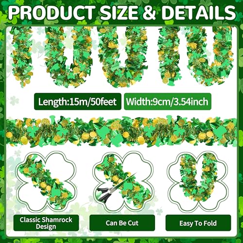 Image of Palonu 50FT St. Patrick's Day Tinsel Garland Green Shamrock Gold Coins Metallic Tinsel Twist Garland for Irish Saint Patricks Day Party Home Decor Indoor Outdoor Decoration