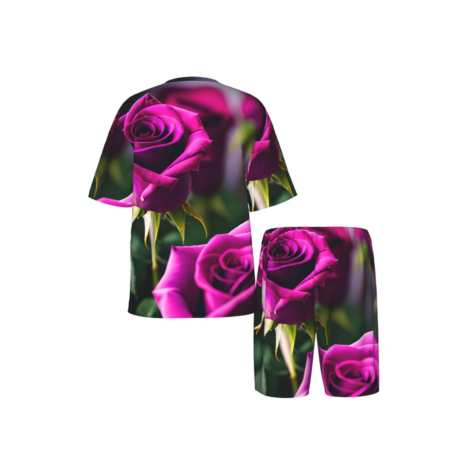 Conjunto de pijama clásico con estampado de rosas moradas para hombre, pantalones cortos de pijama suaves para hombre, perfecto para las noches de verano