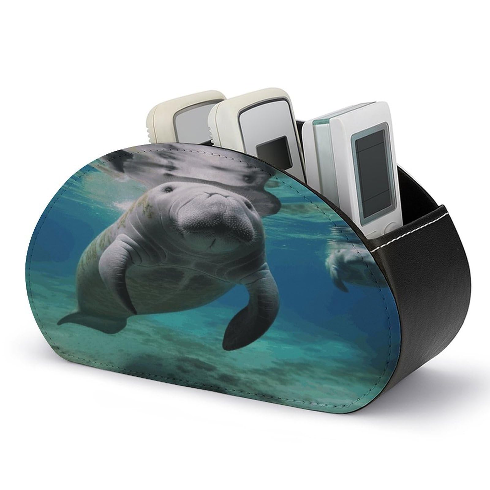 FodPand Ocean Animal Manatee Remote Control Holders PU Leather Remote Caddy Desktop Organizer with 5 Compartments TV Remote Holder Box Tray for Bedside Table Office Desk Accessories&Gift
