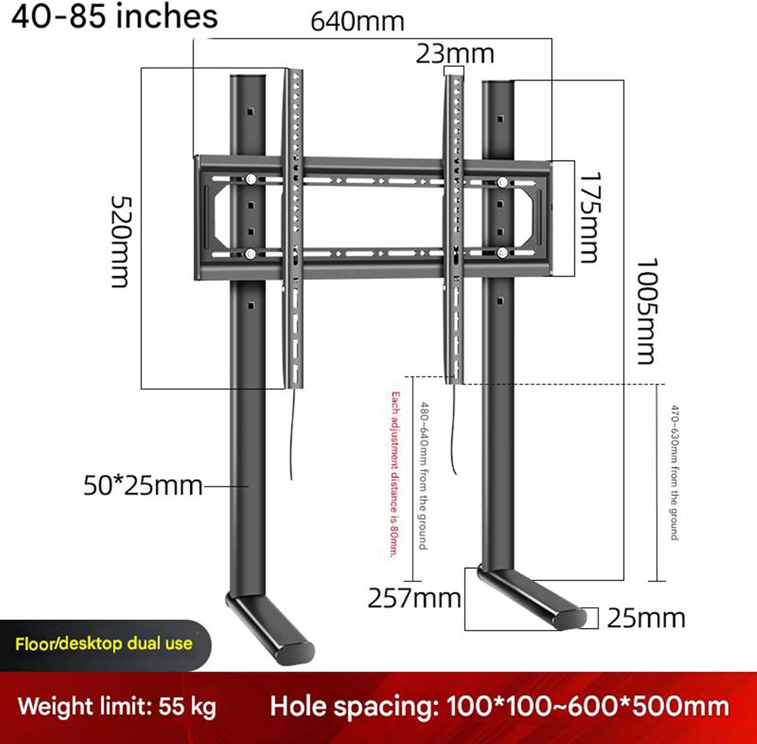 Adjustable TV Stand for 40-85 Inch TVs, Sturdy LCD Mount with Anti-Slip Feet, Wall-Mount Compatible, Space-Saving Design for Ultimate Home Entertainment.,1m