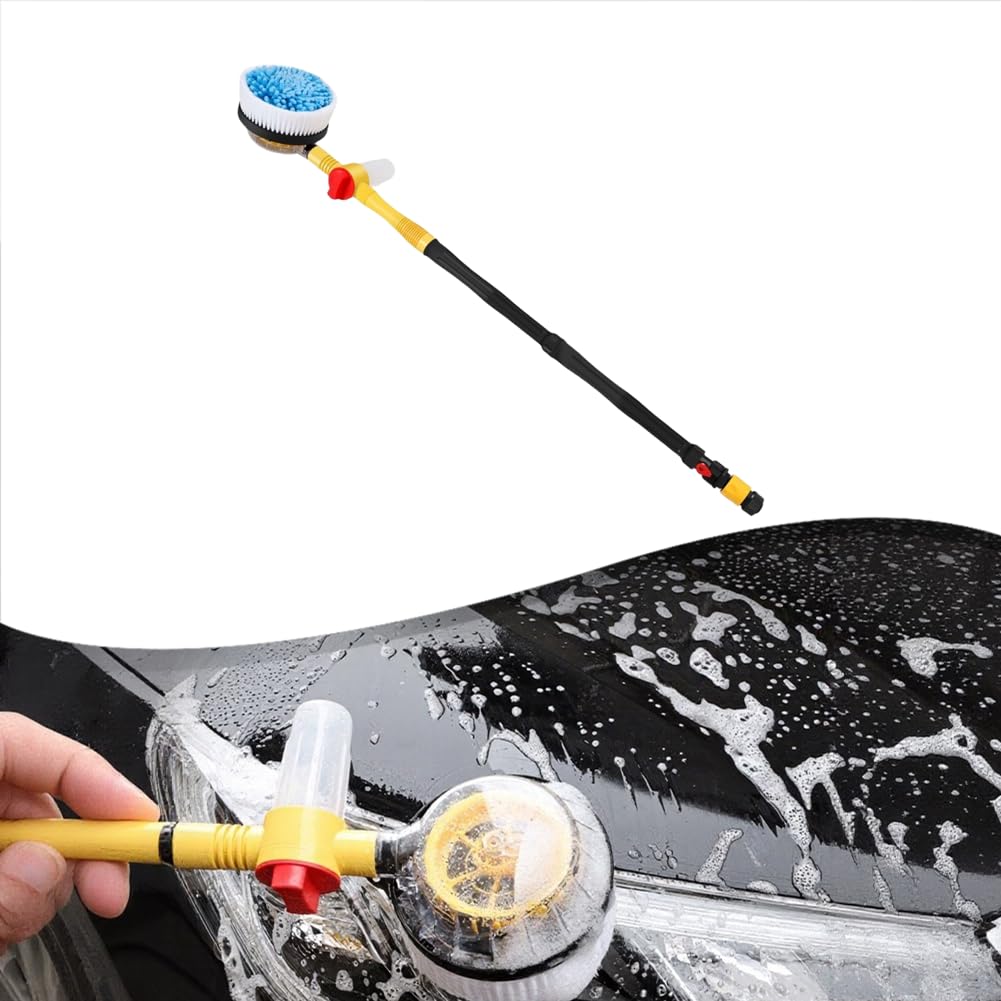 Rotierende Autowaschbürste mit 250ml Schaumspender, Auto-Rotierung durch Wasserdruck, 3 Einstellstufen, Chenille & ABS, für Gartenanschluss, Gelb