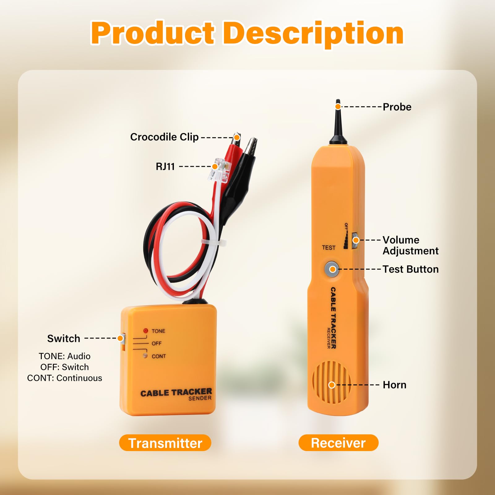 Buscador de cables y comprobador de red Fastsaw Cable Tracker con generador de sonido y sondas para pruebas de continuidad, seguimiento de cables y prueba de línea telefónica, incluye