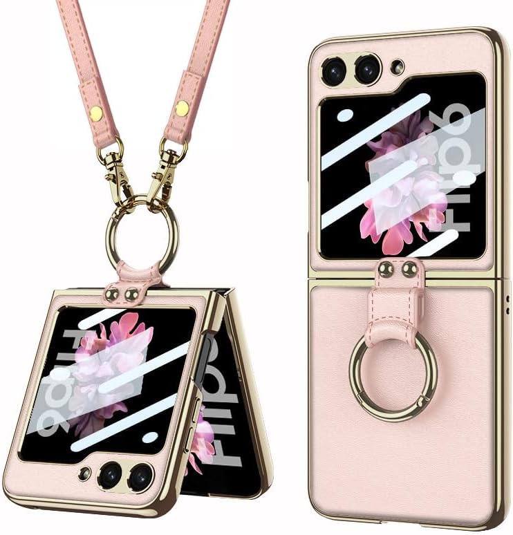 Folding Leather Case for Samsung Galaxy Z Flip 6/5, Mobile Phone Shell for Z Flip6/5 with Strap, Creative Women's Screen Protective Cover with Electroplating Ring Bracket (Pink,for Flip 6)