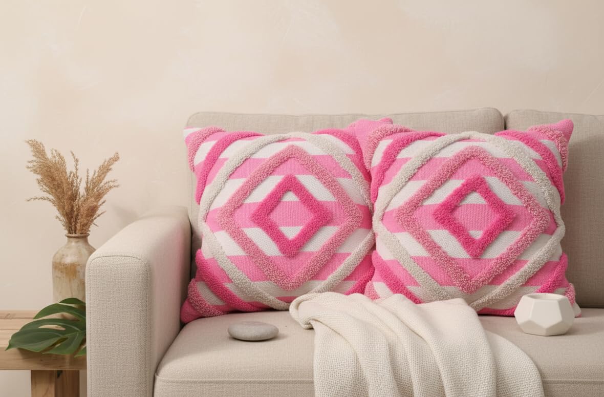 Premium Decorative Throw Cushion Pillow Cover Boho Home Decor - Living Room Bedroom Couch Sofa Cushion Covers 16 inch x 16 inch (1, Cream Geometry)