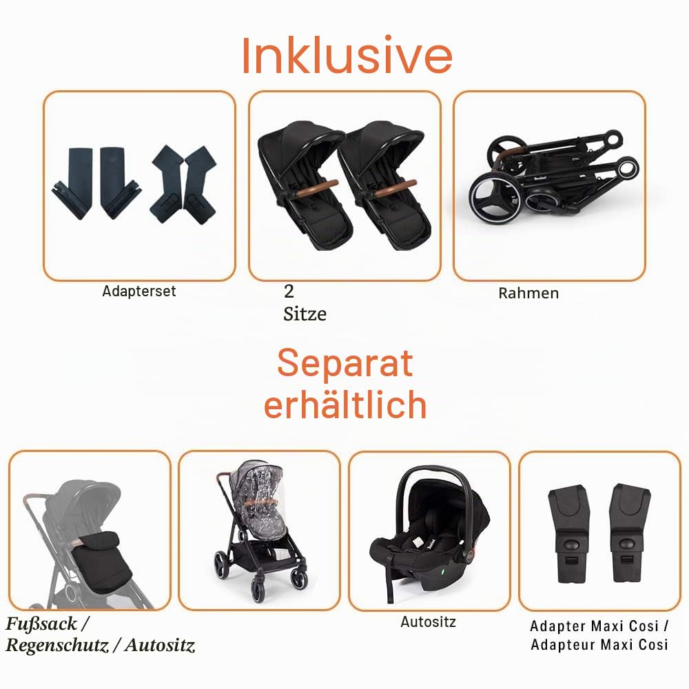 Baninni Luiz Geschwister Kinderwagen Zwillingswagen Sitz Umbaubar in Babywanne für Neugeborene, Schwarz