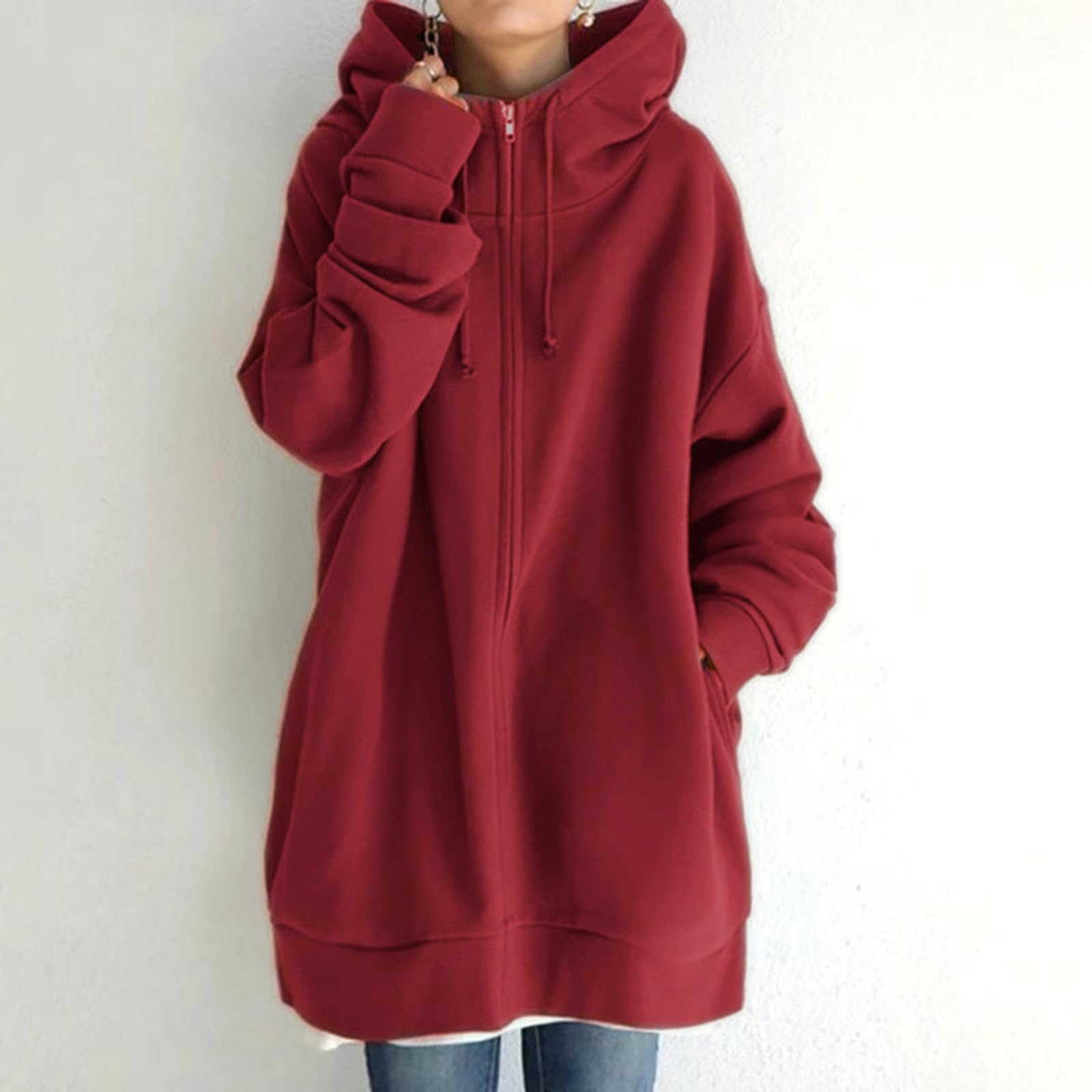 Y2K Damen-Kapuzenpullover mit durchgehendem Reißverschluss, mit Fleece gefüttert, einfarbig, trendig, cool, mit Kapuze, Jacken für Teenager, langer Reißverschluss, leichter Pullover, Hoodies, Pullover