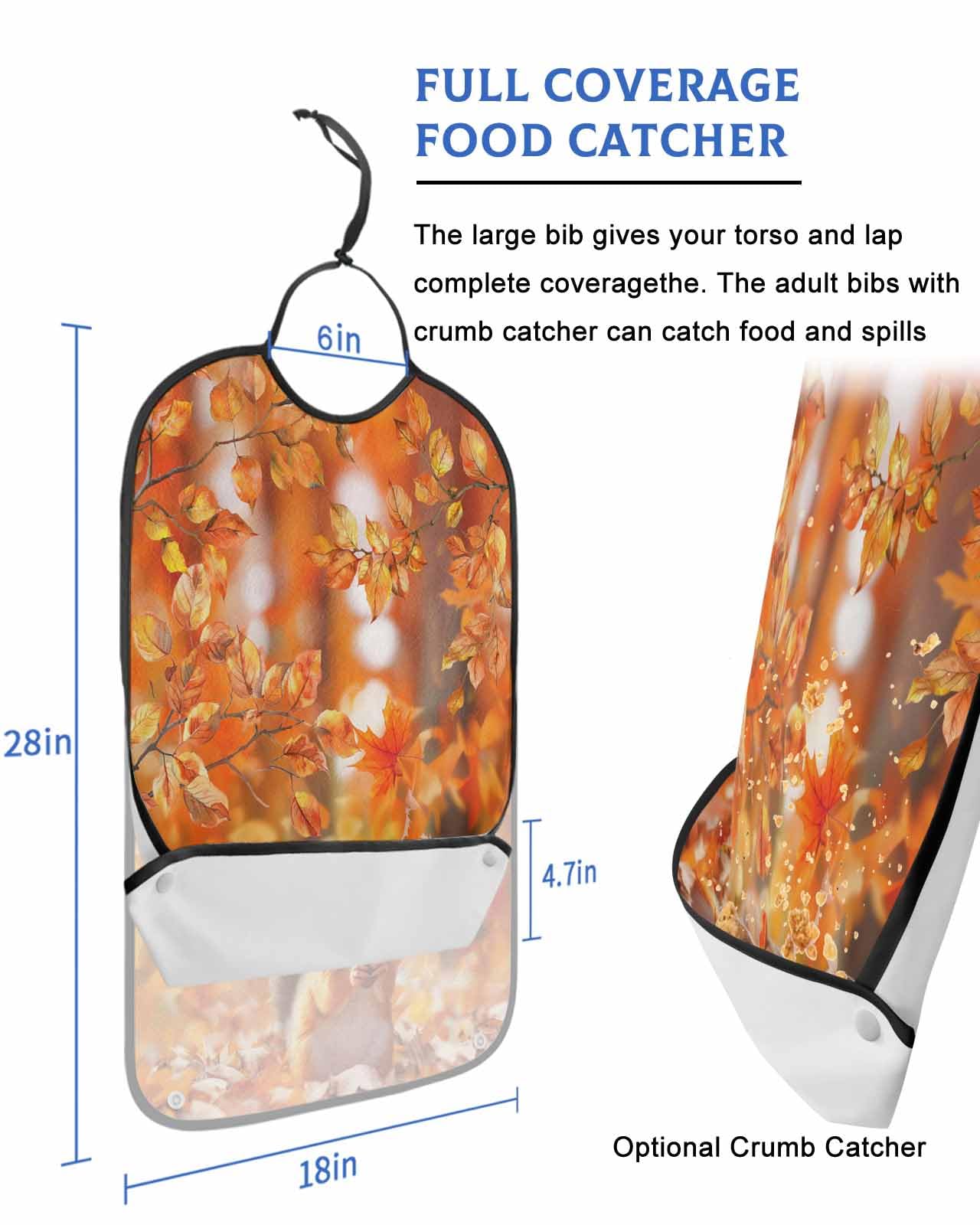 Fall Thanksgiving Squirrel Adult Bib for Adults Men, Women, Orange Autumn Maple Leaves Washable & Adjustable Terry Cloth Bib with Crumb Catcher Reusable Waterproof Clothing Clothes Protector Apron
