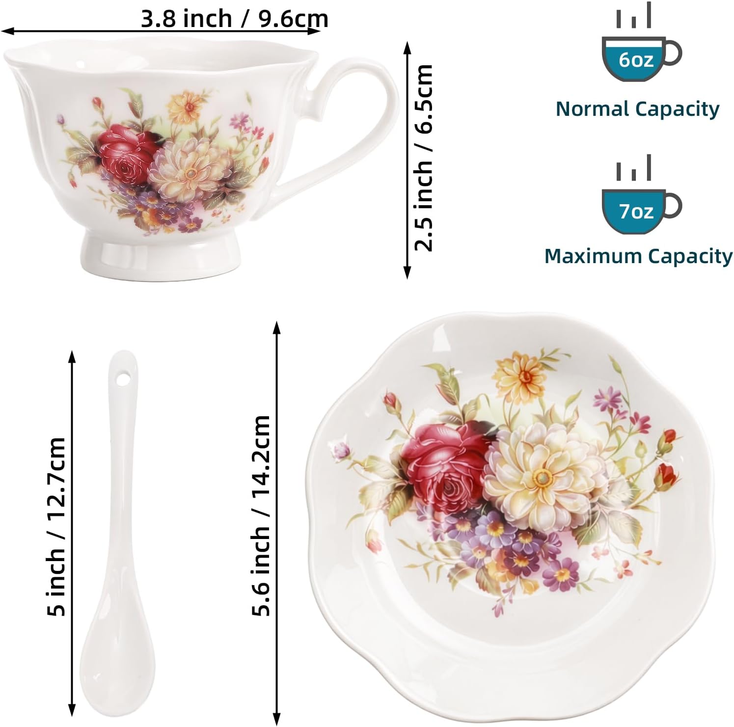 Foraineam Floral Tea Cup with Saucers and Spoons Set of 6 - Coffee Cups and Saucers with Gold Trim - 6 oz Porcelain Ivory Latte Cup and Espresso Mug for Coffee Drinks and Tea