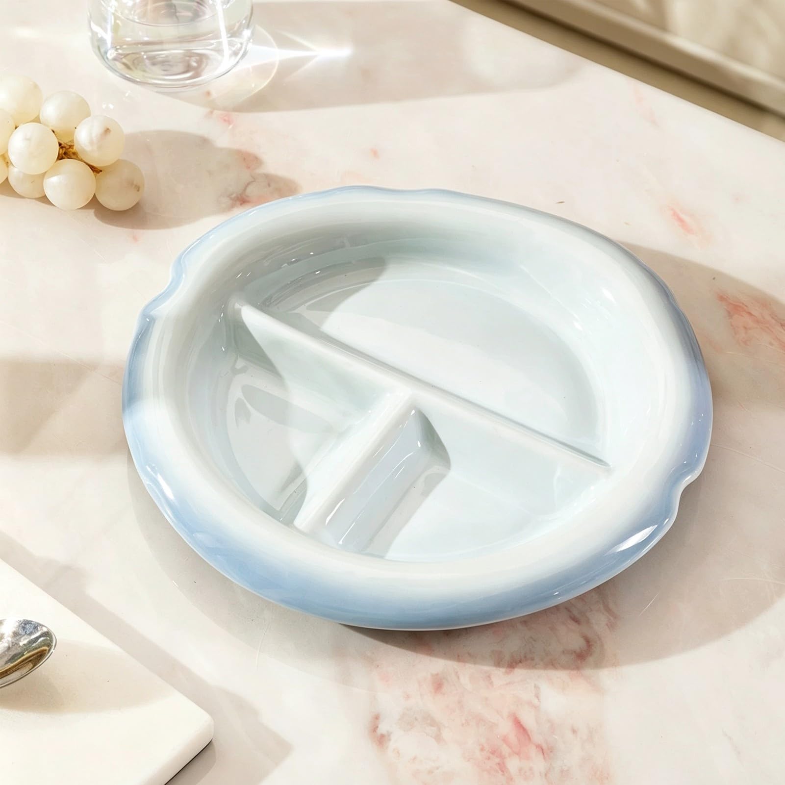 Plats de service de collation ronds, assiettes divisées à 3 compartiments, plateau de service d'apéritif décoratif en céramique 1 pièce