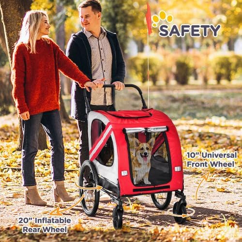 【LuckyNote】 2-in-1 Pet Bike Trailer for Small, Road-Visibility Bicycle,Weather-Strong Bike Wagon Trailer Sidecar Attachment, Red,55 x 28.5 x 42.5 Inche