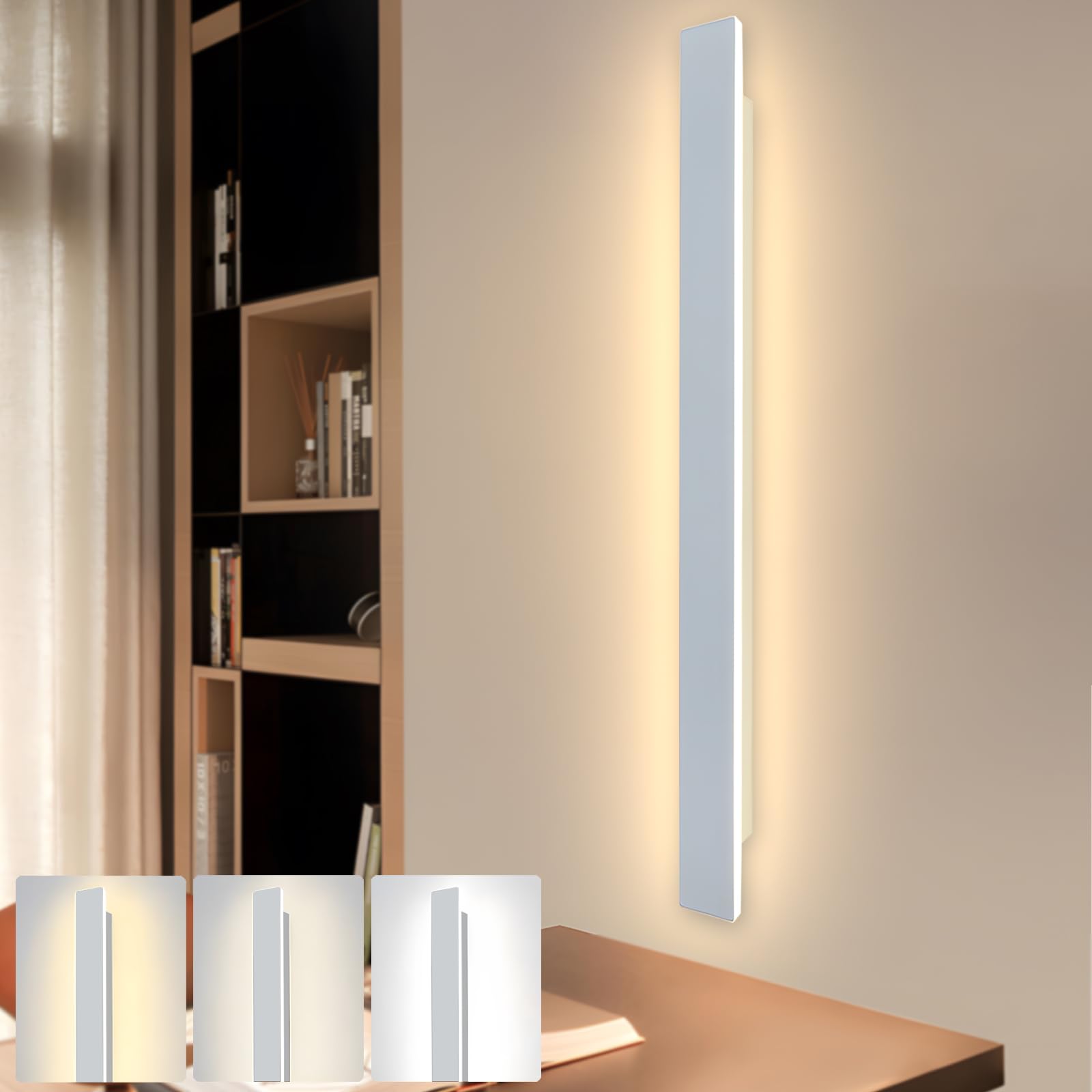 ZTWLEED 80CM Lange Wandlamp,28W LED-Muurlamp Binnen,Tricolor Verlichtingsmodus RA≥80 Woonkamerlamp,Zwarte Wandlamp voor Woonkamer Slaapkamer Trap Hal AV220V