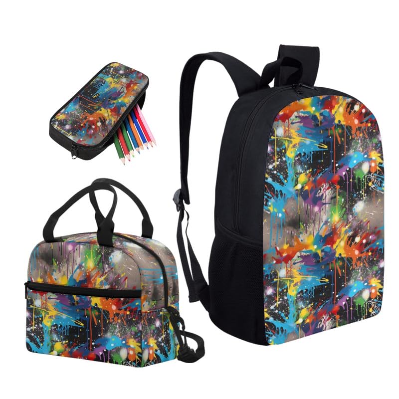 Colorful Art Splash Print Backpack Shoulder Lunch Bag and Pen Case Bag Set Rainbow Abstract Graffiti Pattern 3 Pcs Travel Laptop Backpack Fit for Gifts for Men & Women