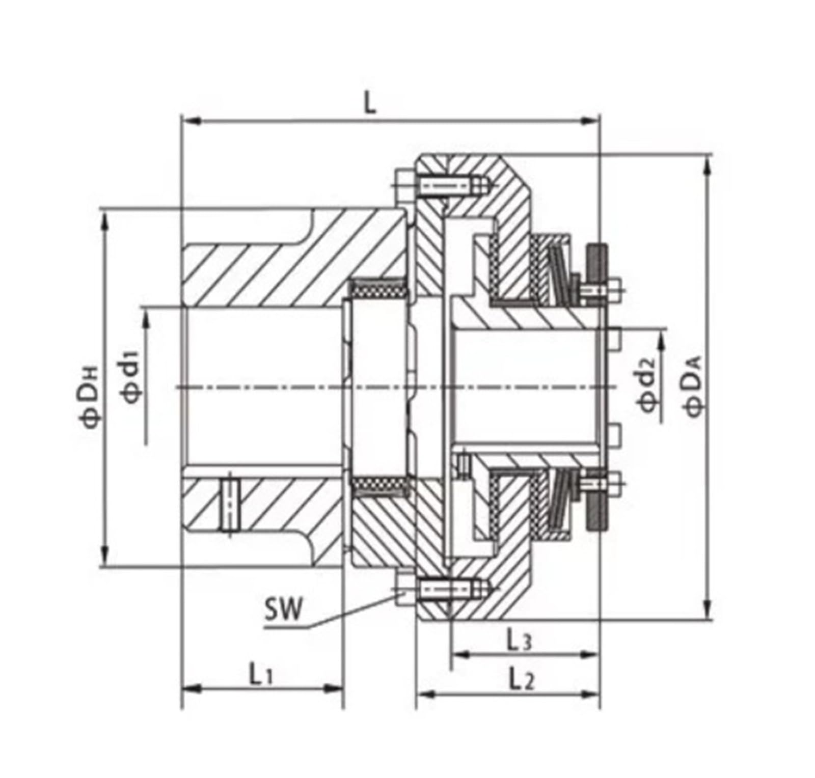 Limitatore di coppia XL Accoppiamento TLC350-1, diametro interno da 17-28 mm a 10-28 mm, tipo fiore di pruno 20-74 Nm