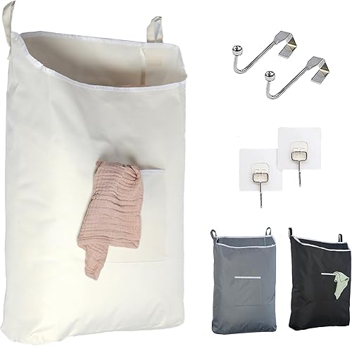 The Fine Living Co. - Cesto colgante para ropa sucia con ganchos para la puerta y adhesivo, bolsa de lavandería duradera que ahorra espacio con