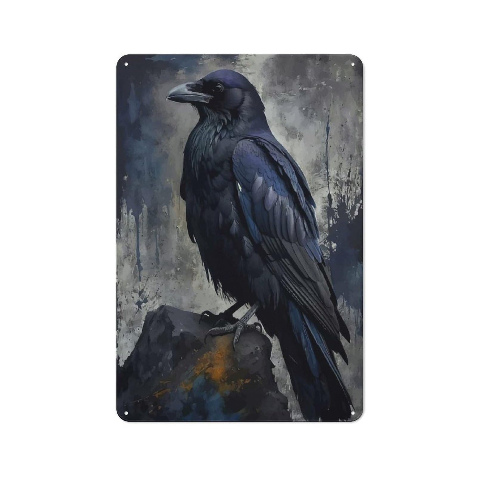 Junmoney Raven Perched On Rock Digital Art Tin Sign 30X20cm With For Workshop Wall, Retro Decor, For Vintage Wall Decor Fans, For Garage And Workshop Walls
