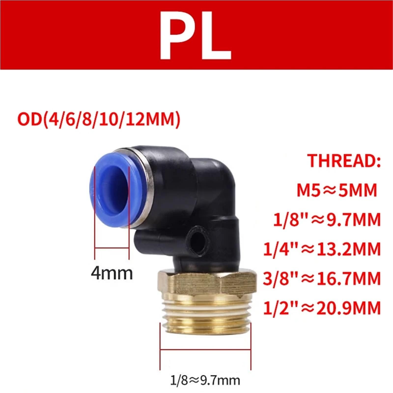 PL Lot de 50 connecteurs rapides pneumatiques 4/6/8/10/12 mm pour tuyau et tube à air, filetage 0,6 cm, 0,3 cm, 1 cm et 1,3 cm, 50 pièces (D10 mm-1I4)