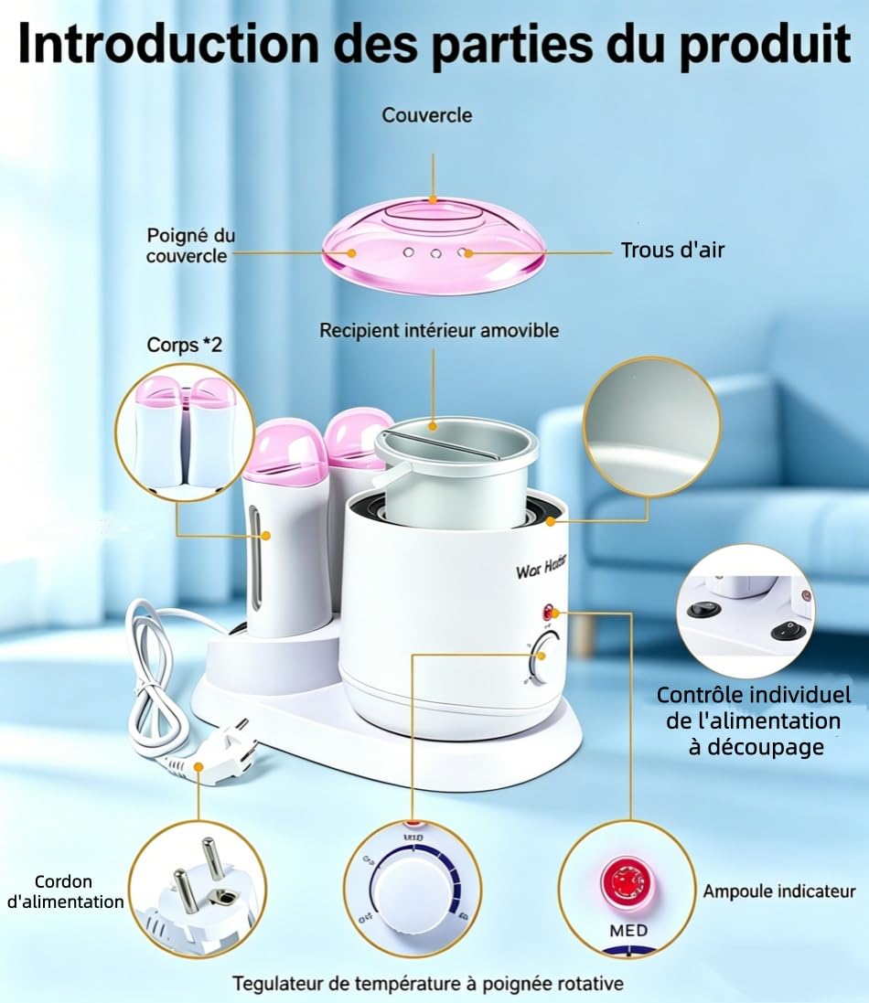 Chauffe-cire 3 en 1 - Contrôle de la température réglable - Chauffe-cire professionnel pour épilation des jambes et du corps - Pour homme et femme 800 ml