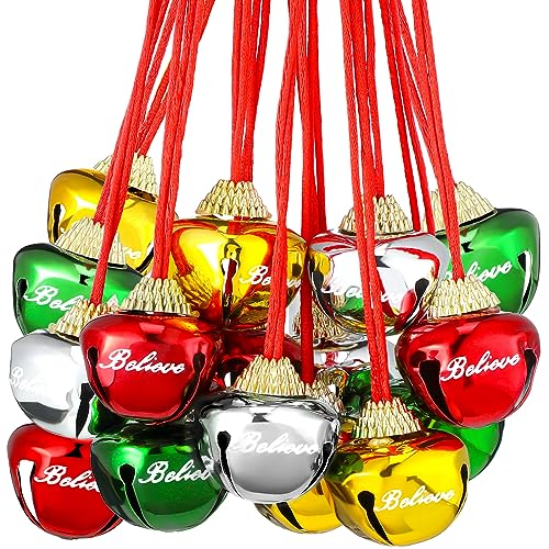 WILLBOND 48 Pcs 1.5 Inch Christmas Bell Necklaces Bulk The Polar Party Favors Believe Bell Ornaments Holiday Classroom Students Gifts Christmas Stocking Stuffers (Classic Color)