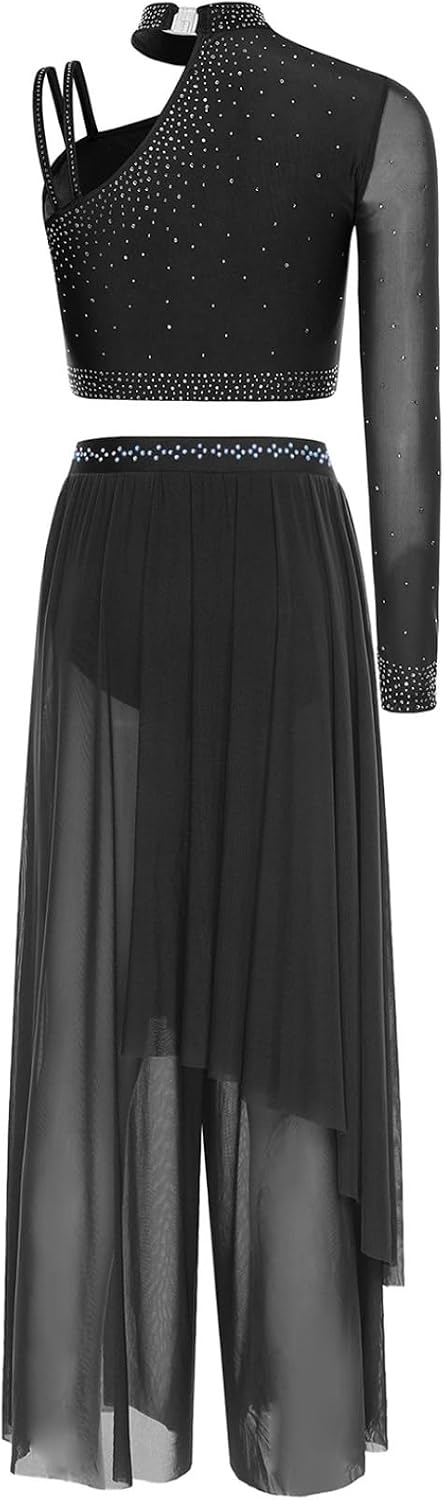 Vxuxlje Womens Lyrical Dance Outfits Long Sleeve Crop Top with Chiffon Wide-Leg Pants Dancewear Black Medium