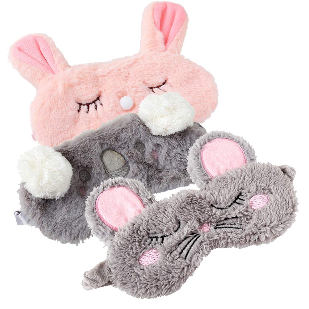 Shinywear 3 Pieces Cute Animal Eye Mask Plush Sleep Masks for Women Girls Kids Fuzzy Sleeping Traveling Patch Blinder Funny Vogue Party Costume Facial Mask - Rabbit,Koala,Mouse