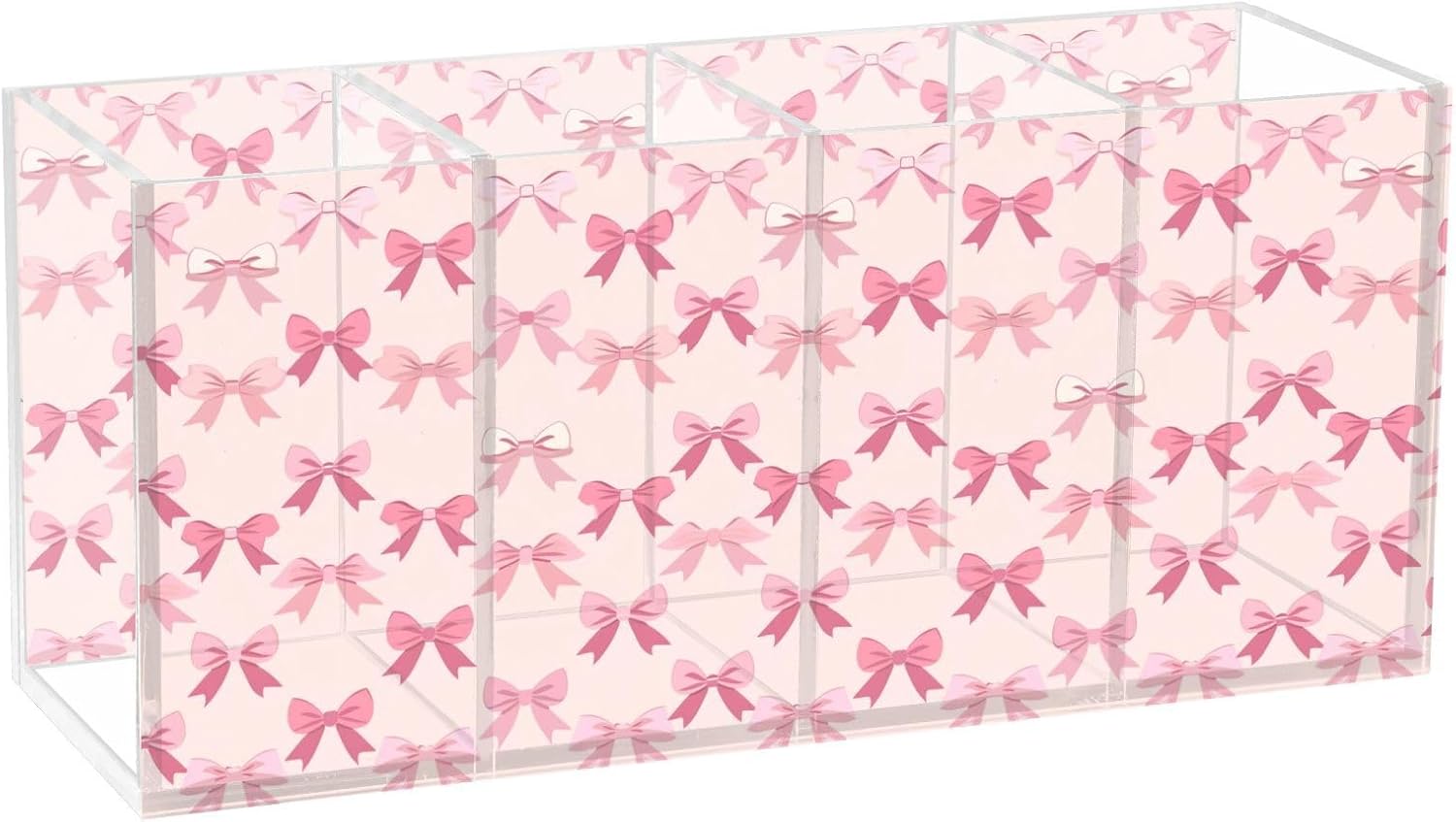Ribbon Bow Cute Feminine Acrylic Pen Holder 4 Compartments Pencil Organizer and Storage Makeup Brush Holder for Home Bedroom School Office Storage