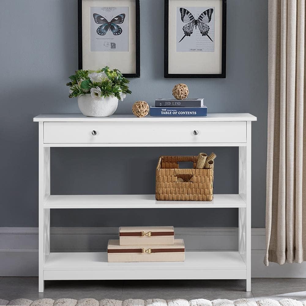Close-up images of the TV stand's features including rounded corners, metal knobs, X-shaped side panels, and sturdy legs.