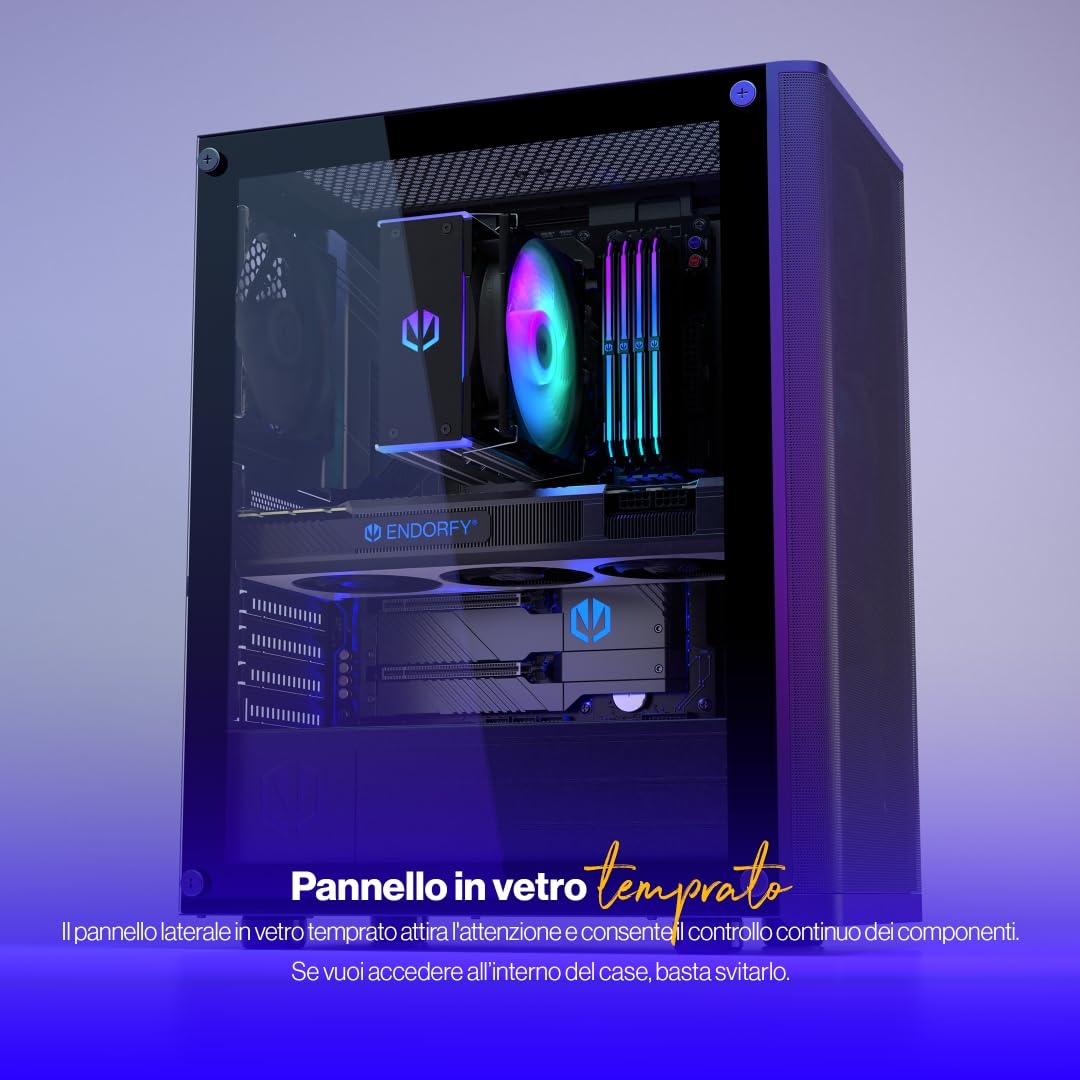ENDORFY Ventum 200 Air, Case PC ATX, 4x120 mm ventole Incluse, Pannello Laterale in Vetro temprato, Pannello Frontale in Mesh, Ampia compatibilità con dissipatori, Case Compatto, EY2A002