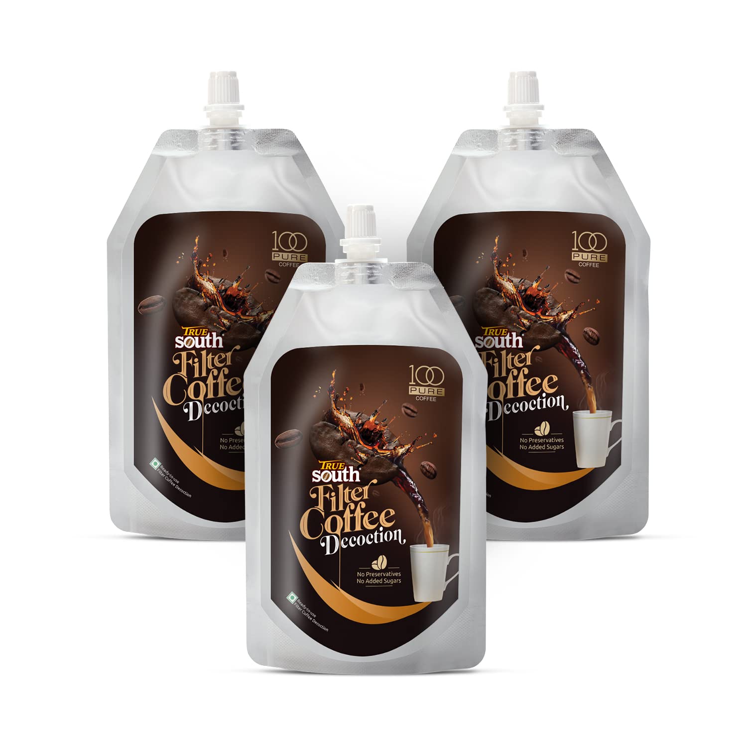 TrueSouth 100-Pure | Ready-to-use Filter Coffee Decoction | 200ml Pouch | Authentic Taste, Value and Convenience (Pack of 3)