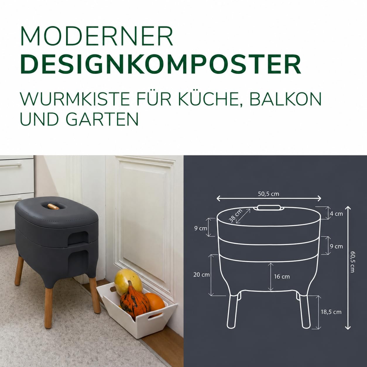 Design-KOMPOSTER - WURMKOMPOSTER - KOMPLETT-Set mit 1000 KOMPOSTWÜRMERN & Zubehör I Jetzt Küchenabfälle kinderleicht in Pflanzen-Dünger umwandeln I Wurmkiste - Wurmfarm für Küche, Balkon und Garten