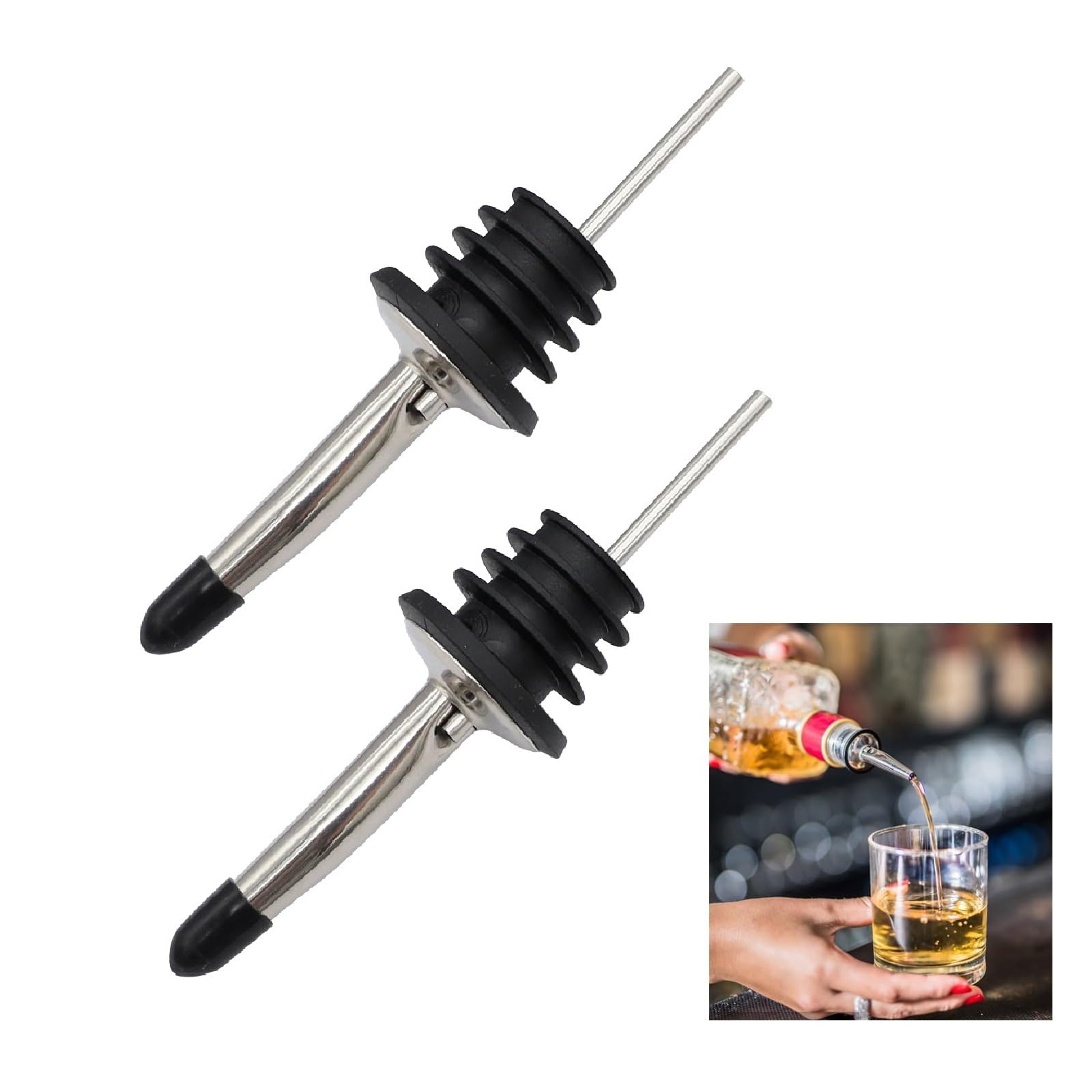 2 Pack Stainless Steel Speed Pourers with Rubber Stoppers, Leak-Proof Universal Bottle Spouts for Liquor, Olive Oil, Syrup & Vinegar, Rust-Resistant Bar Tools for Home Bar, Kitchen & Pub