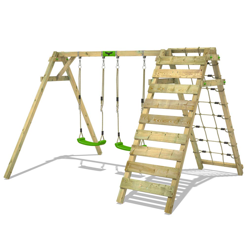 Altalena FATMOOSE JollyJungle per bambini verde mela in legno | Rete per l'arrampicata, Altalena doppia, Ampliamento per arrampicate, Da esterno o da giardino