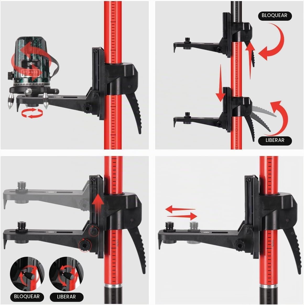 Barra de nivelación láser telescópica con trípode, extensible hasta 4,2 m, con soporte láser de 1/4 x 20 pulgadas, incluye tuerca adaptadora de 5/8"-11, color rojo