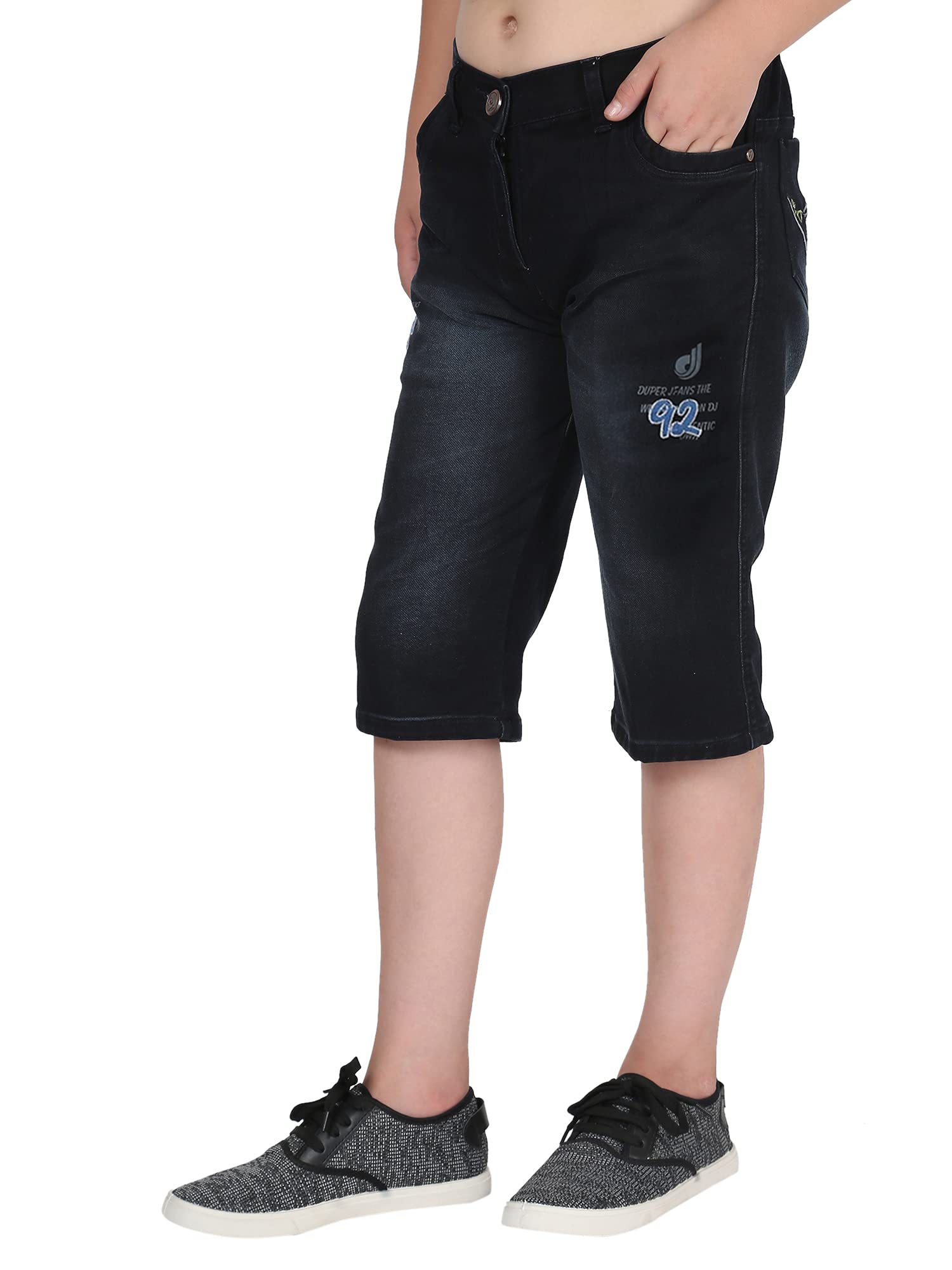 OXTRAP Boys Regular fit, Half Elastic Waistband, Stretchable Cotton Denim, Light Faded, Casual, Below Knee Length, 3/4 Shorts for Kids Boys