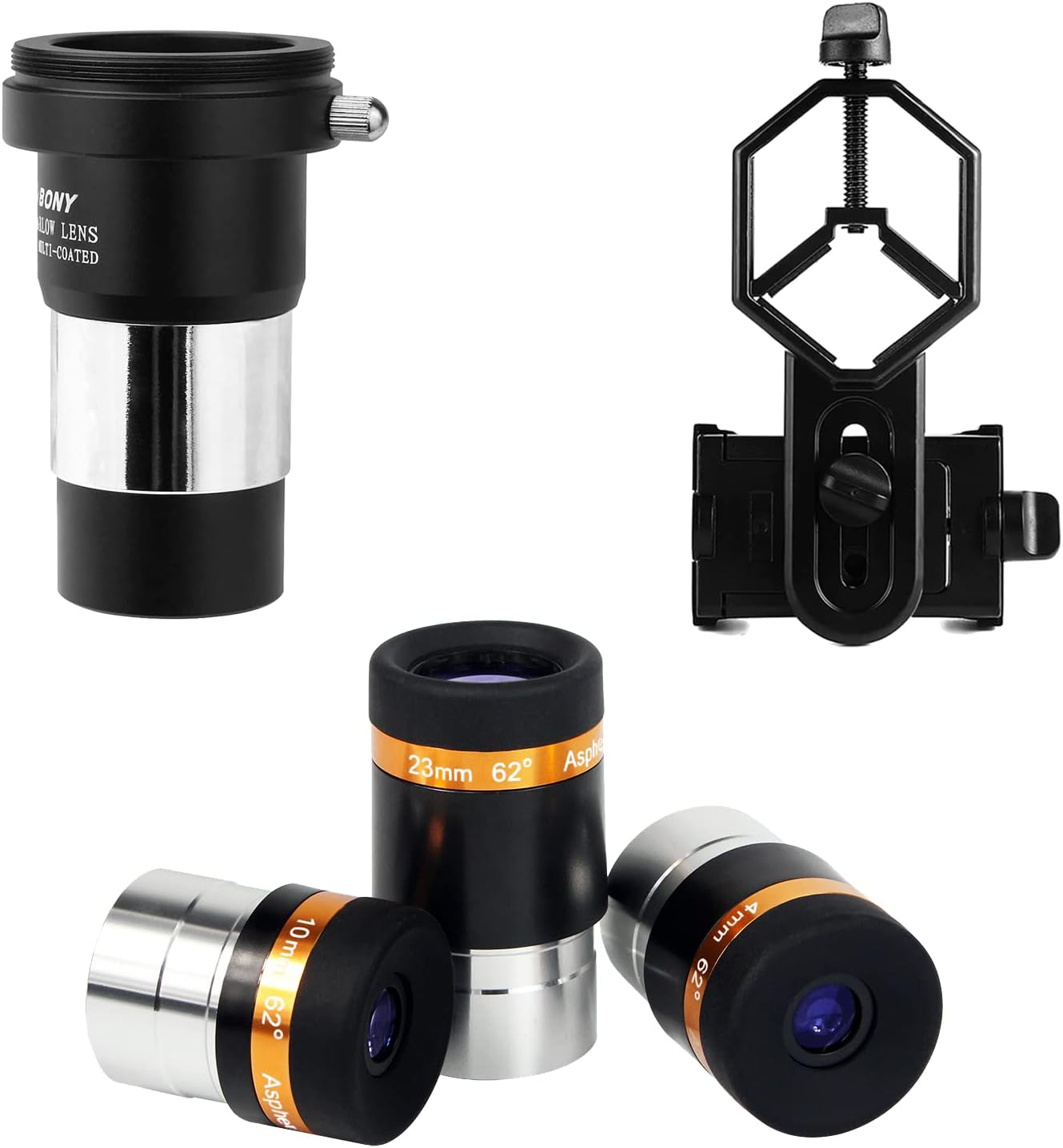 SVBONY Telescope Lens 4mm 10mm 23mm Telescope Eyepieces Bundle with 2X Barlow Lens 1.25 inch Doubles The Magnification Multi Coated Broadband Green Film and Universal Cell Phone Adapter Mount Telescop
