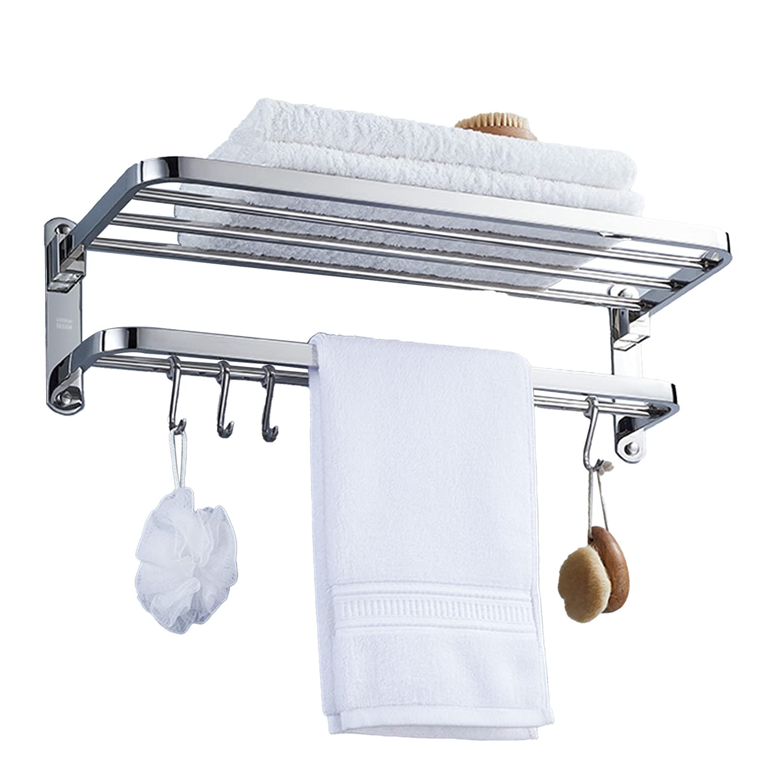 LMYSXAOZ SUS 304 Stainless Steel Towel Rack Holder, with Storage Shelves, for Bathroom Hardware and Kitchen Wall Mounted Shelf, 50cm/60cm, Long, With Hooks (Size : 49.7cm)